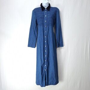 Misty Lane Denim Dress 12 Black Velvet Collar Button Front Maxi Modest Western